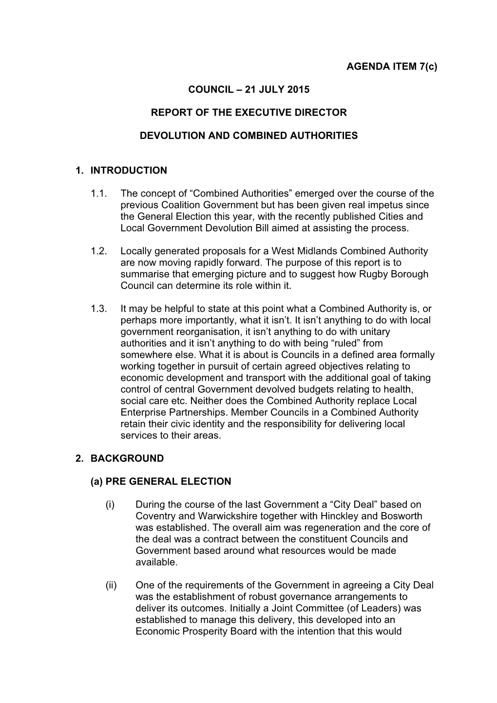 Council 21 July 2015 Devolution and Combined Authorities