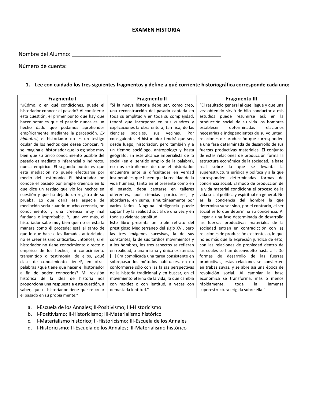 EXAMEN HISTORIA Nombre Del Alumno