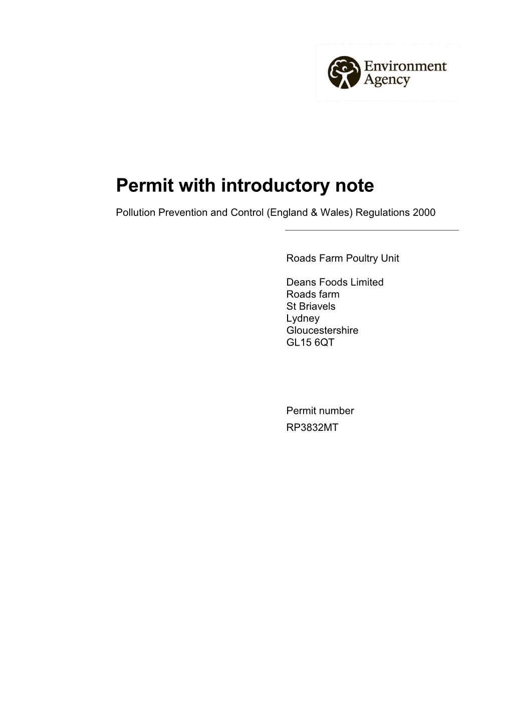 Permit with Introductory Note Pollution Prevention and Control (England & Wales) Regulations 2000