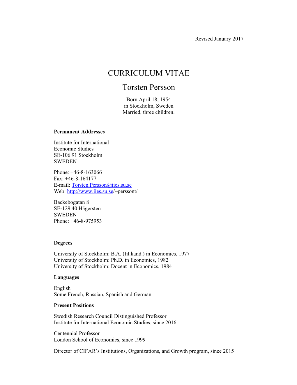 CURRICULUM VITAE Torsten Persson