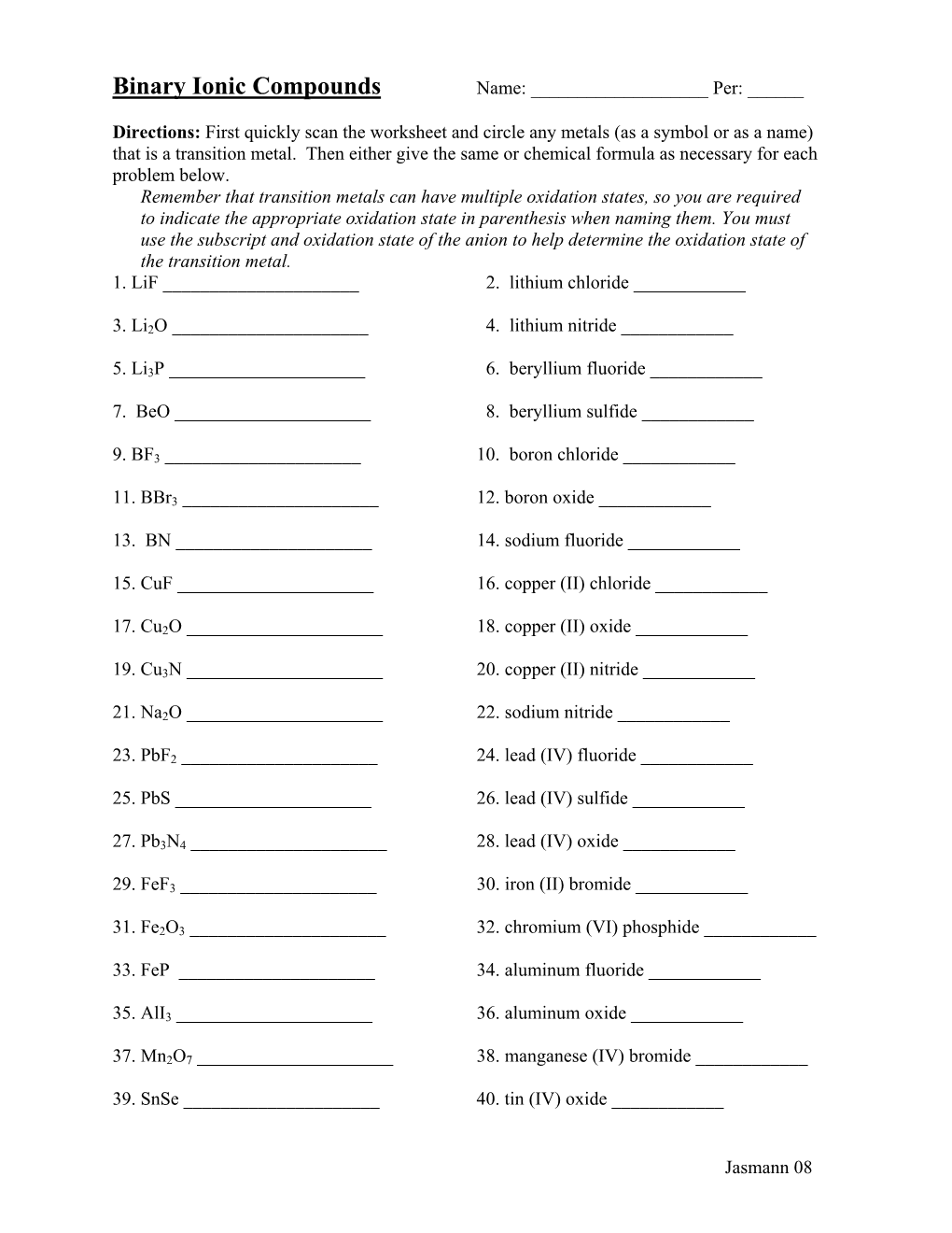 Binary Ionic Compounds Name: ______Per: ______