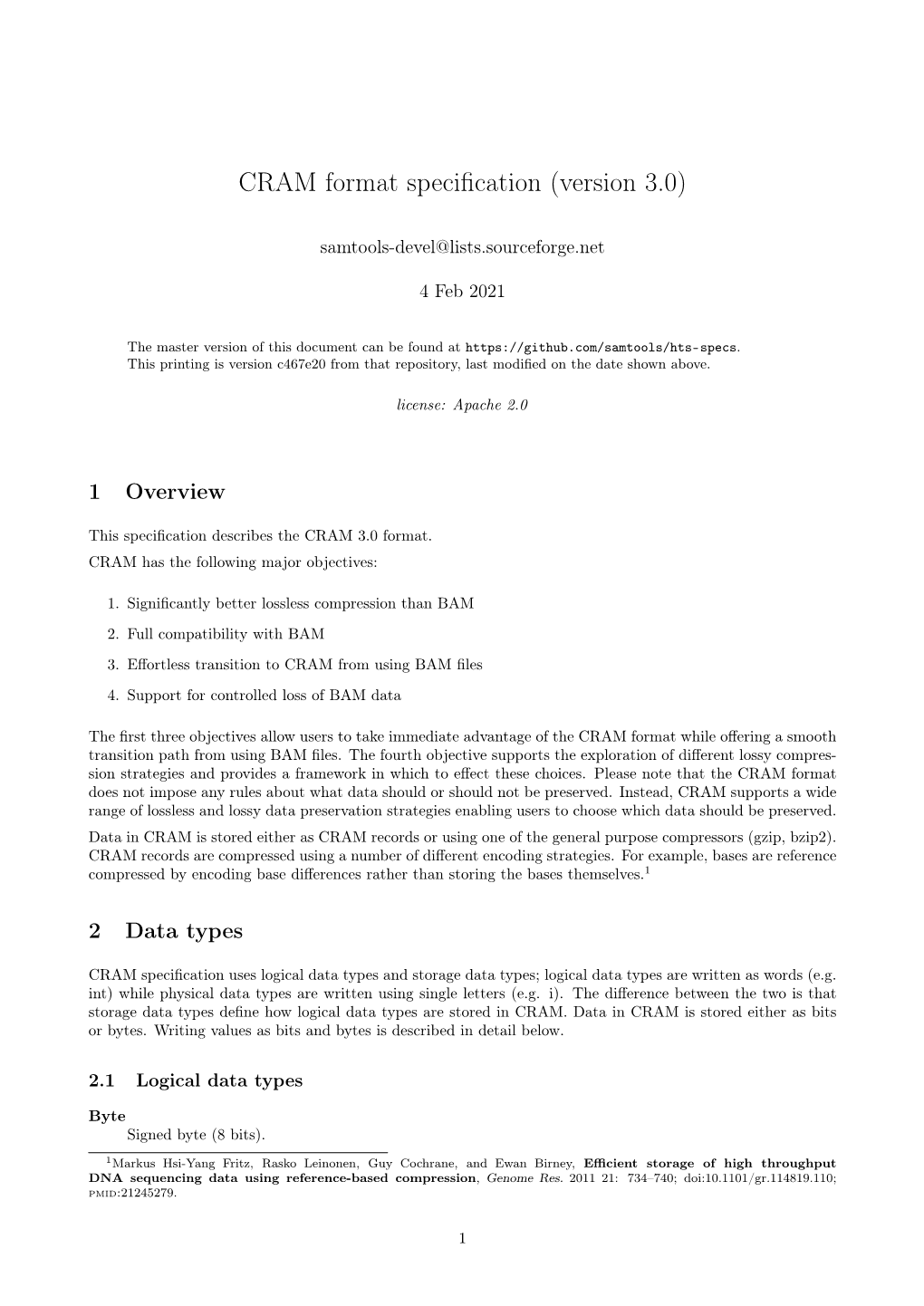 CRAM Format Specification (Version 3.0)