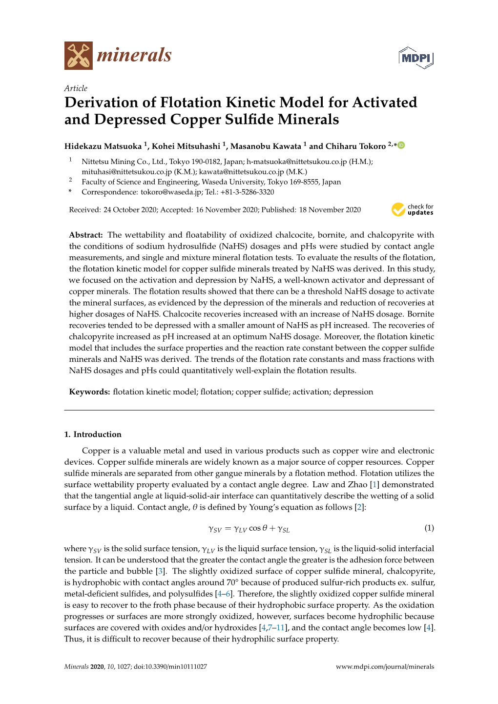 Derivation of Flotation Kinetic Model for Activated and Depressed Copper Sulﬁde Minerals