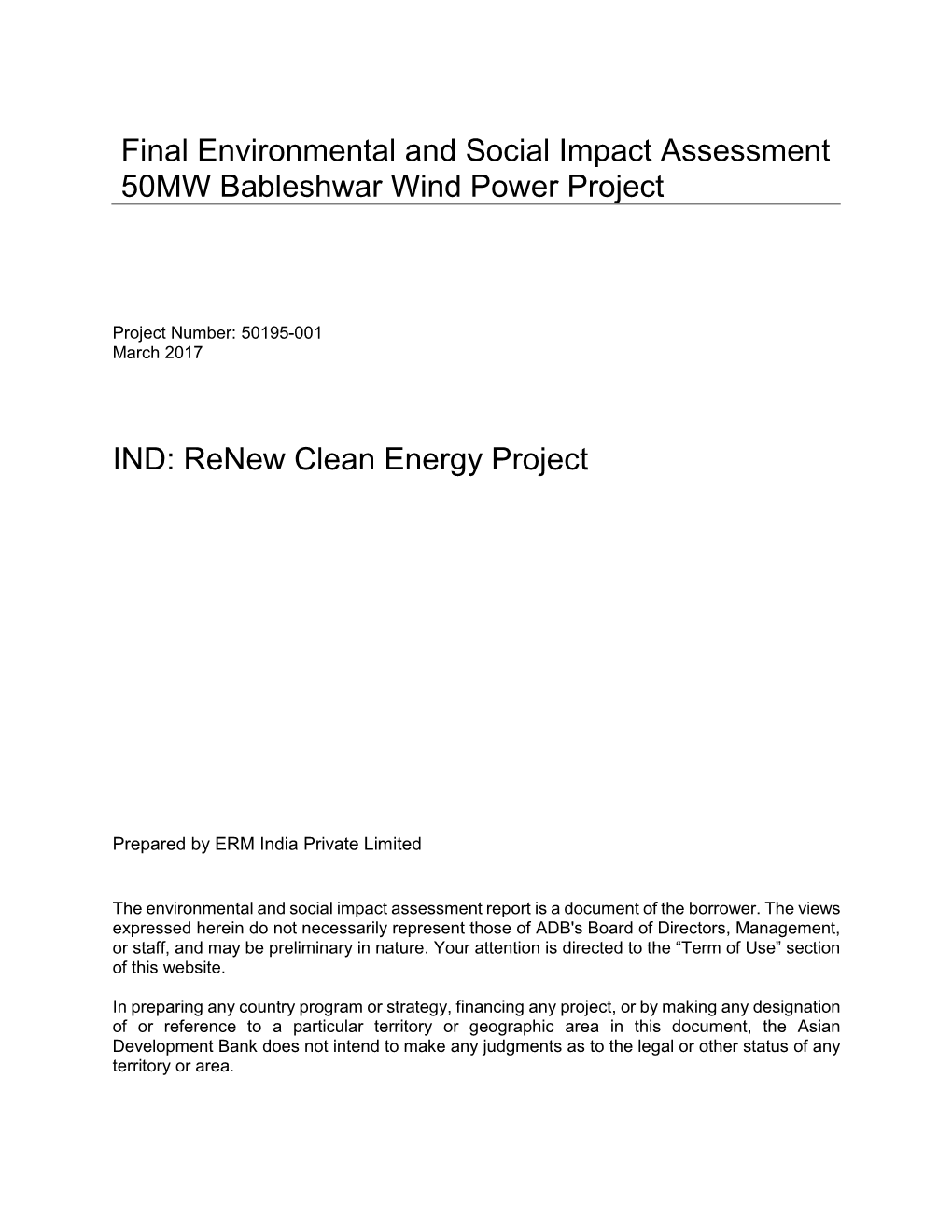 Final Environmental and Social Impact Assessment 50MW Bableshwar Wind Power Project