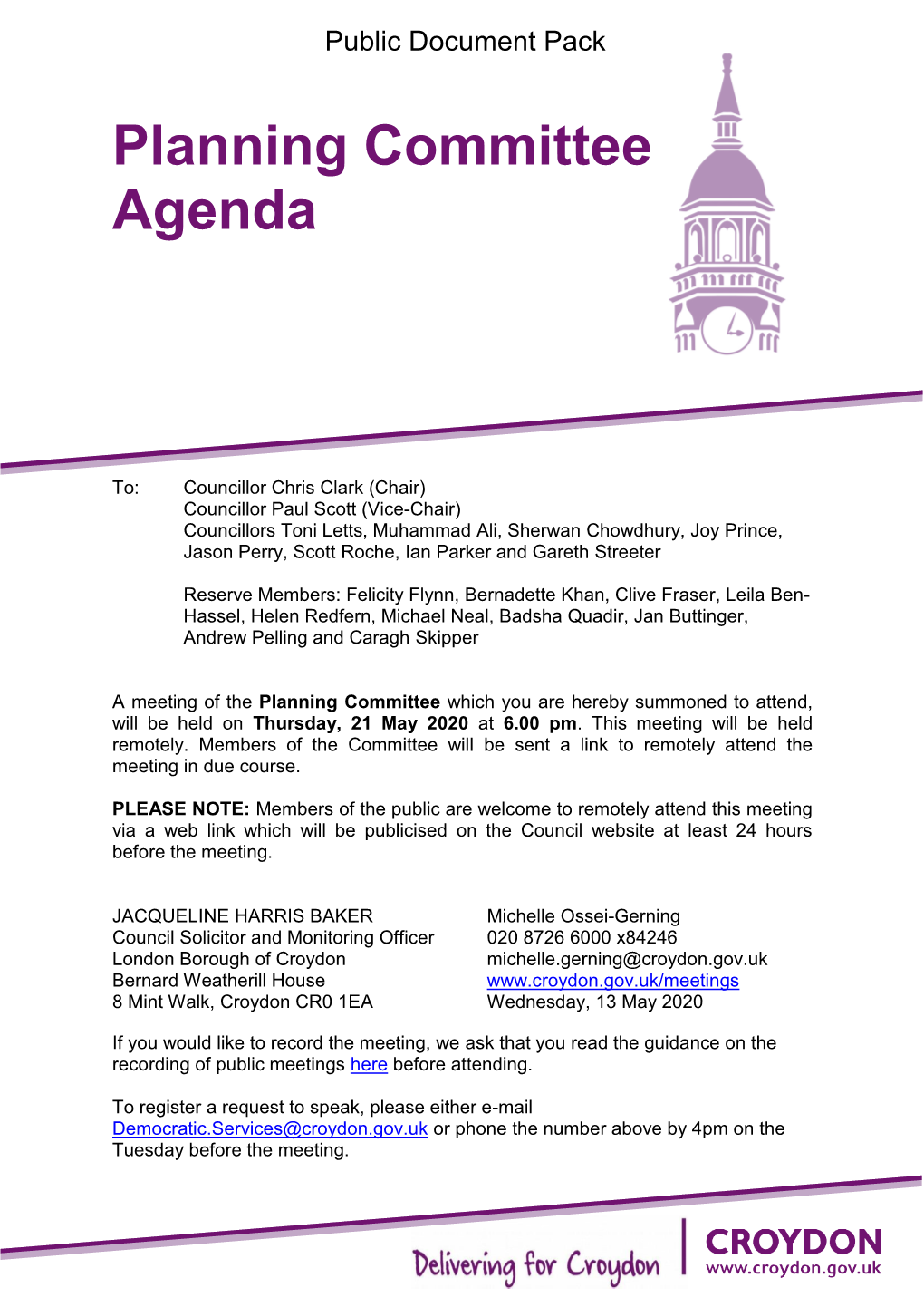 (Public Pack)Agenda Document for Planning Committee, 21/05/2020