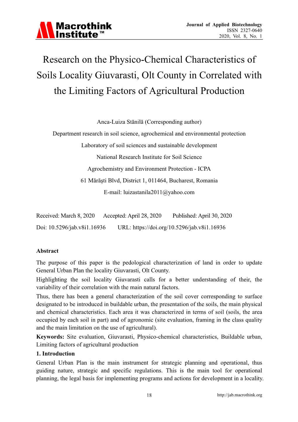 Research on the Physico-Chemical Characteristics of Soils Locality Giuvarasti, Olt County in Correlated with the Limiting Factor