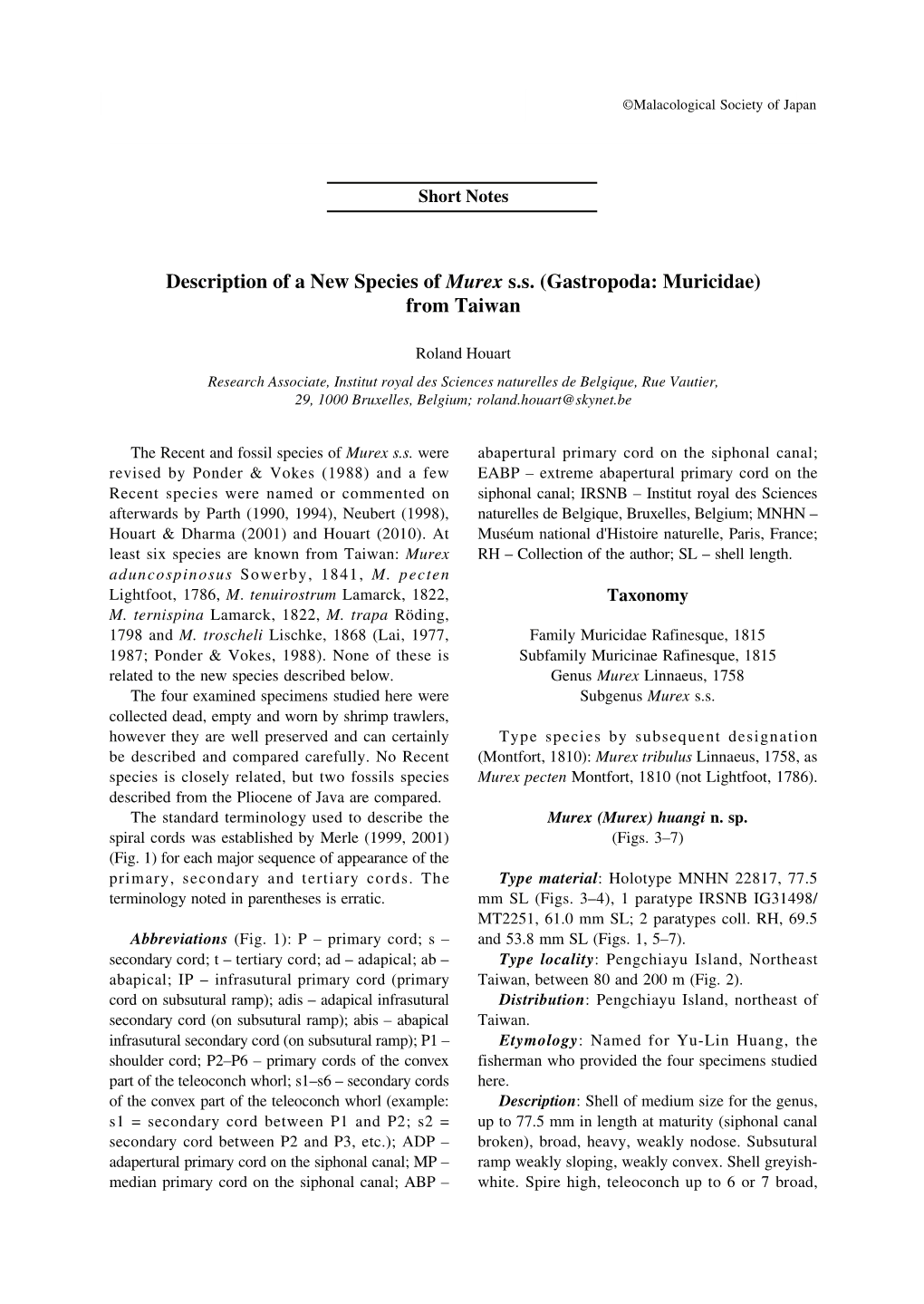 Description of a New Species of Murex Ss (Gastropoda: Muricidae)