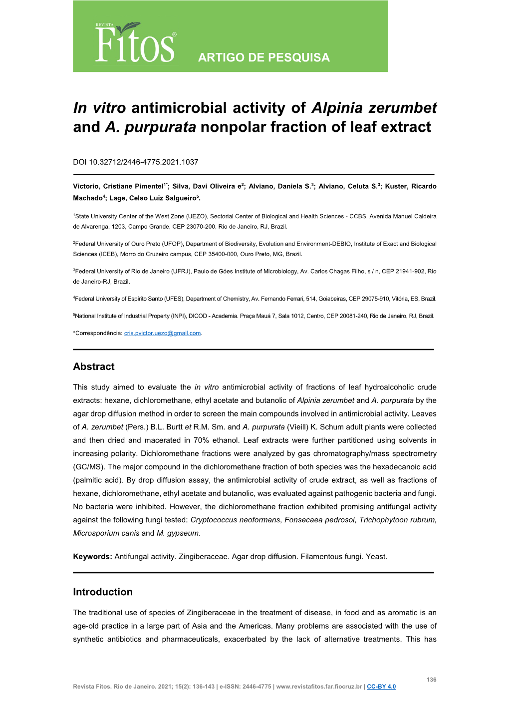 In Vitro Antimicrobial Activity of Alpinia Zerumbet and A. Purpurata Nonpolar Fraction of Leaf Extract