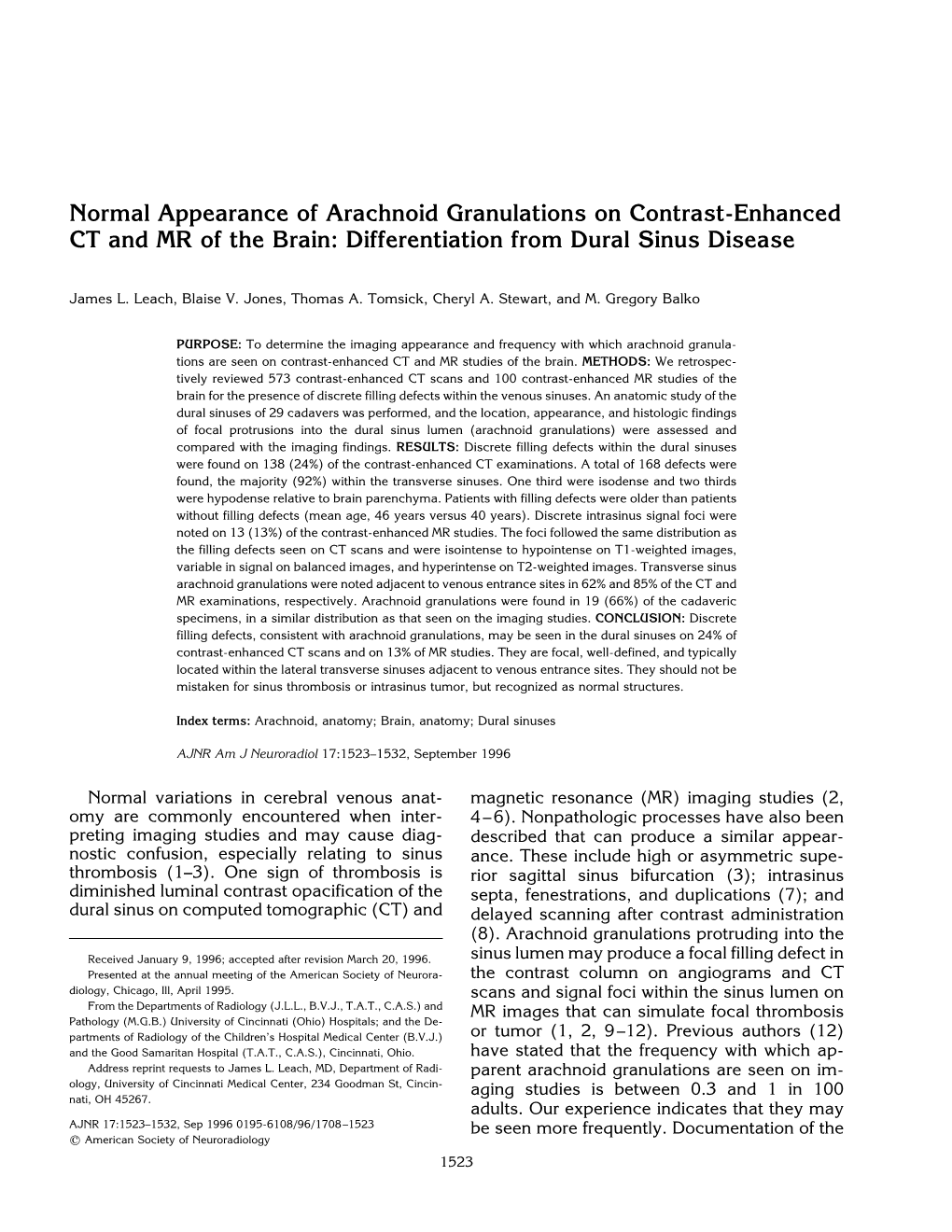 Normal Appearance of Arachnoid Granulations on Contrast-Enhanced CT and MR of the Brain: Differentiation from Dural Sinus Disease