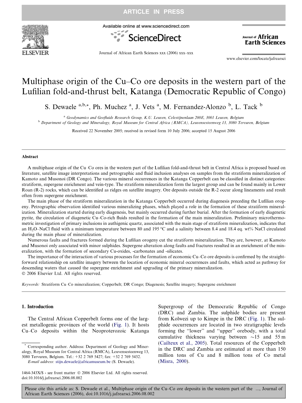 Multiphase Origin of the Cu–Co Ore Deposits in the Western Part of the Lufilian Fold-And-Thrust Belt, Katanga (Democratic Repu