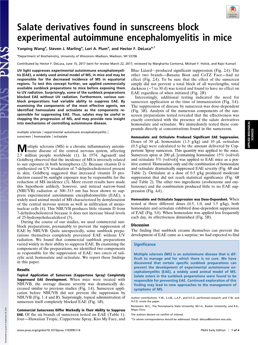 Salate Derivatives Found in Sunscreens Block Experimental Autoimmune Encephalomyelitis in Mice