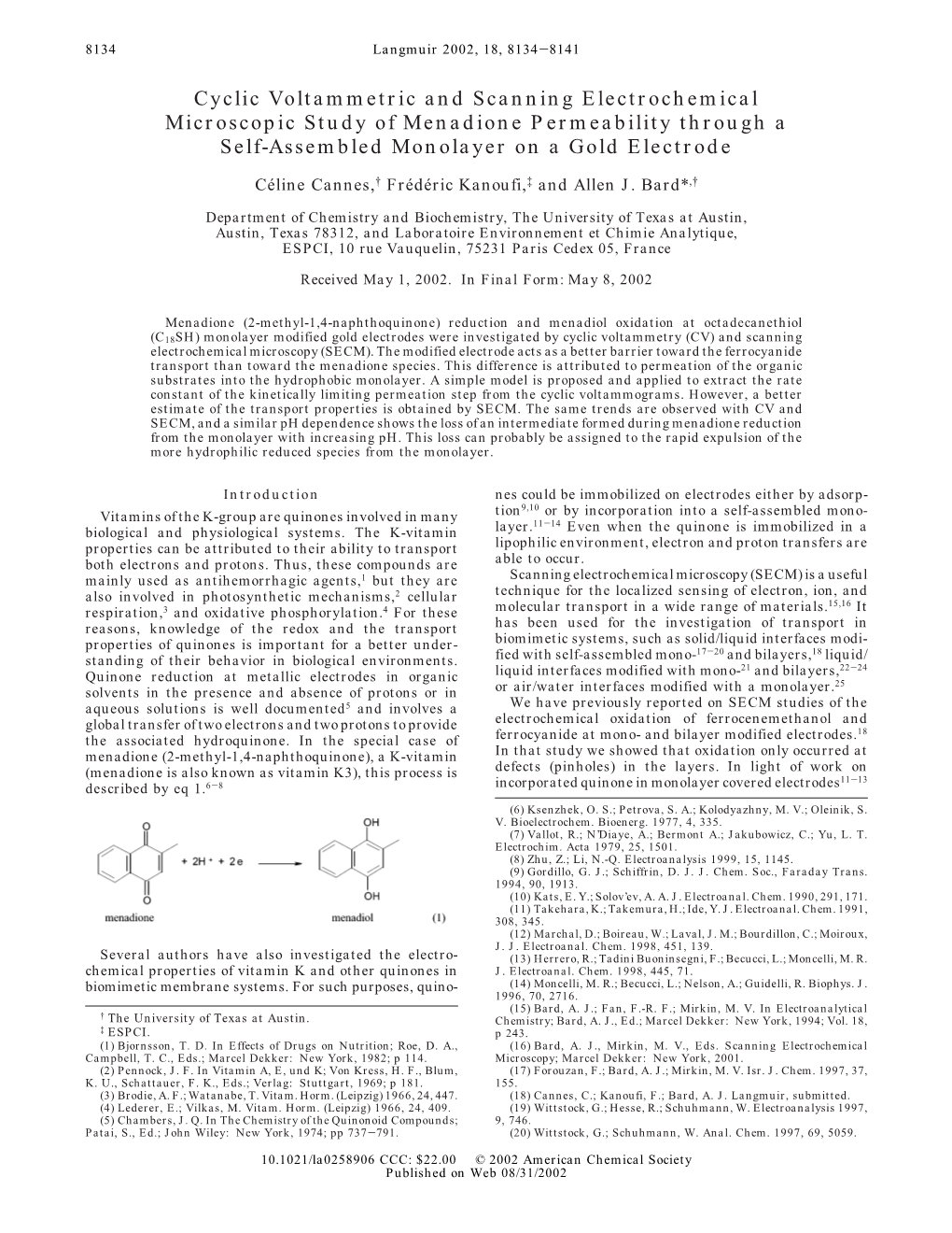 Cyclic Voltammetric and Scanning Electrochemical Microscopic Study of Menadione Permeability Through a Self-Assembled Monolayer on a Gold Electrode