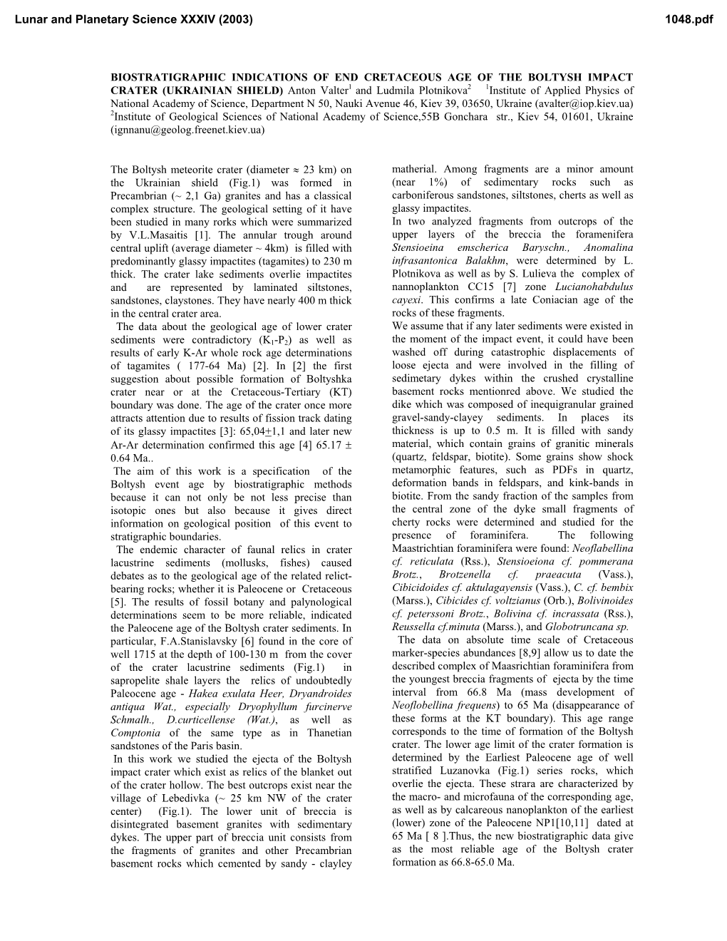 Biostratigraphic Indications of End Cretaceous Age Of