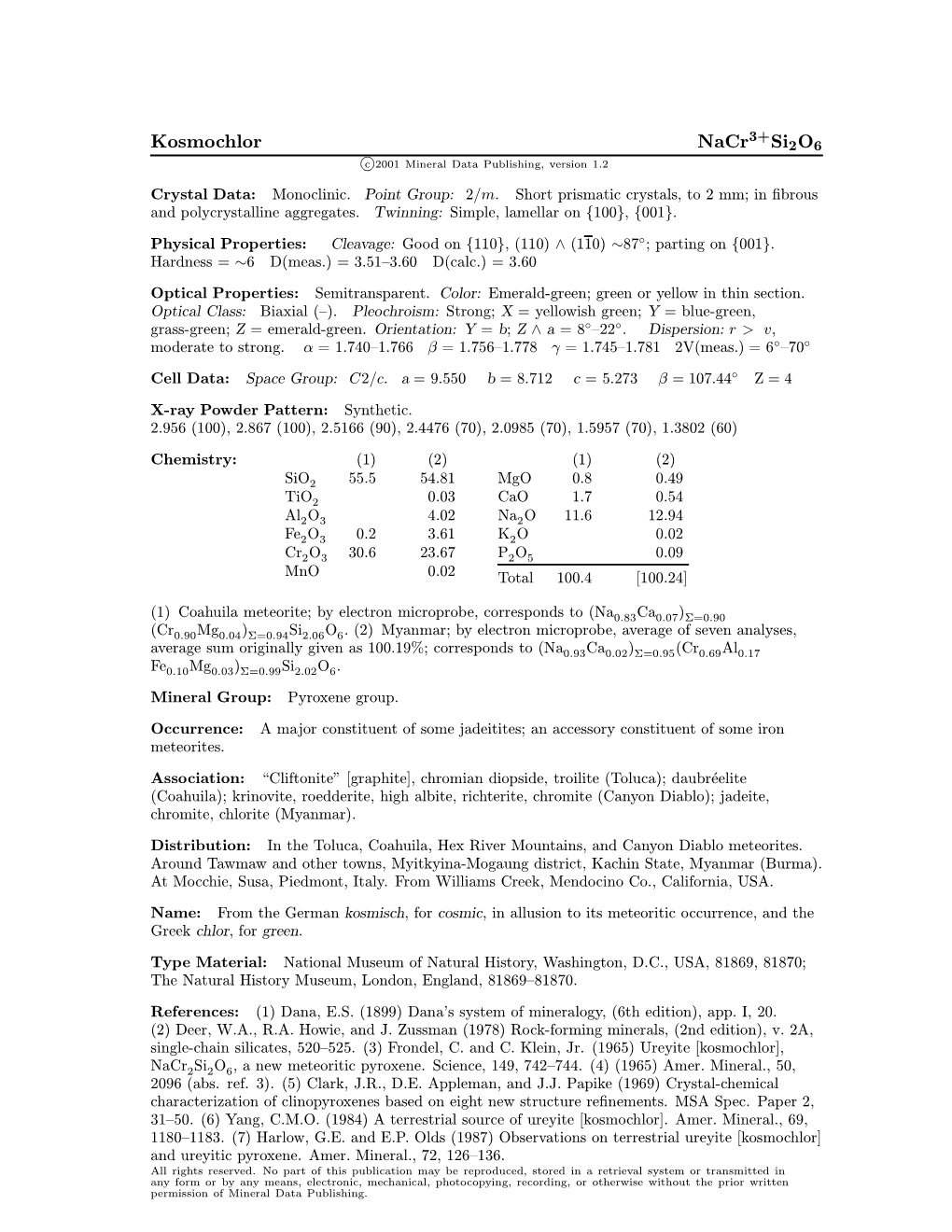 Kosmochlor Nacr Si2o6 C 2001 Mineral Data Publishing, Version 1.2 ° Crystal Data: Monoclinic