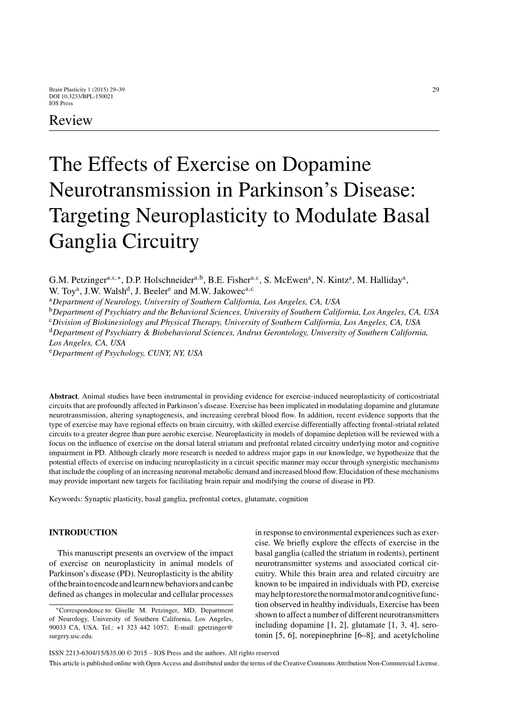 The Effects of Exercise on Dopamine Neurotransmission in Parkinson’S Disease: Targeting Neuroplasticity to Modulate Basal Ganglia Circuitry