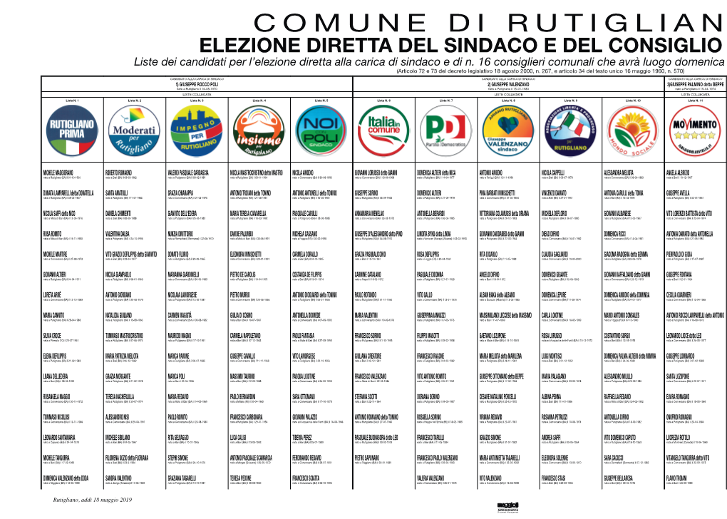 Liste Dei Candidati Per L'elezione Diretta Alla Carica Di Sindaco E Di N