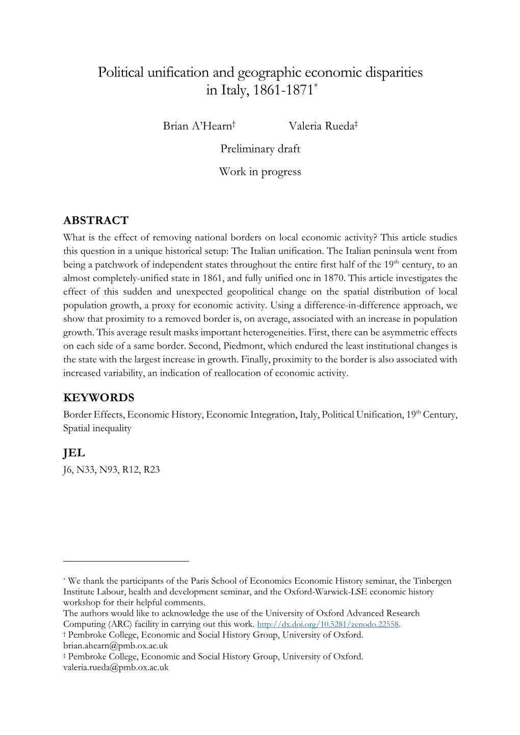 Political Unification and Geographic Economic Disparities in Italy, 1861-1871*