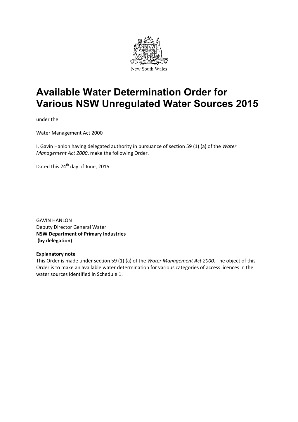 Available Water Determination Order for Various NSW Unregulated Water Sources 2015