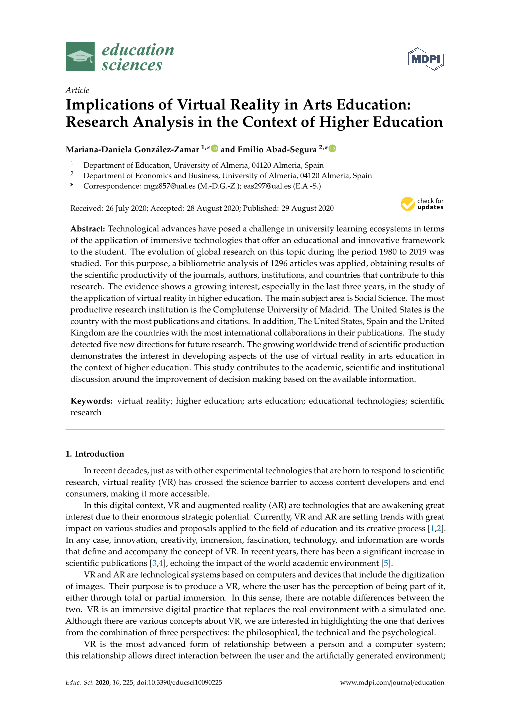 Implications of Virtual Reality in Arts Education: Research Analysis in the Context of Higher Education