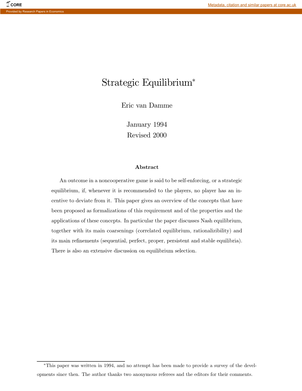 Strategic Equilibrium∗