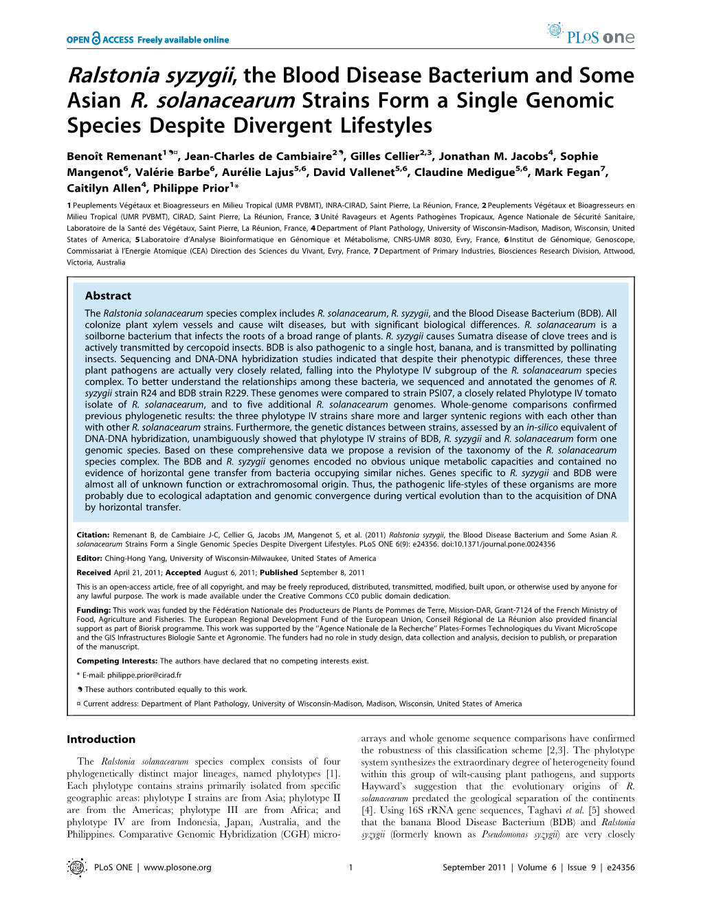 Asian R. Solanacearum Strains Form a Single Genomic Species Despite Divergent Lifestyles