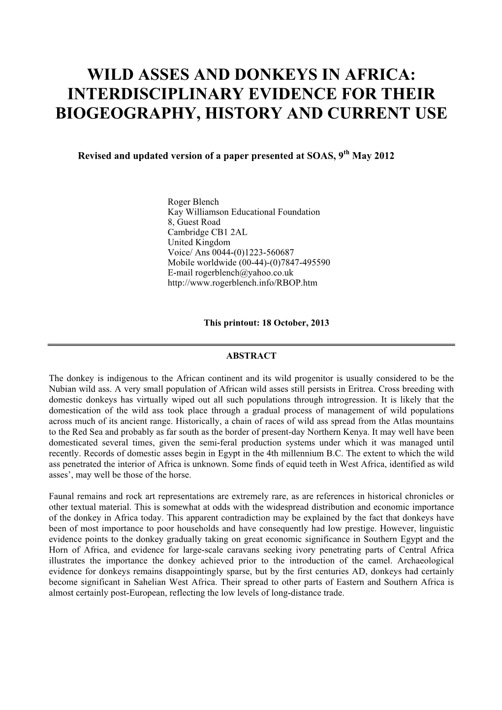 Wild Asses and Donkeys in Africa: Interdisciplinary Evidence for Their Biogeography, History and Current Use