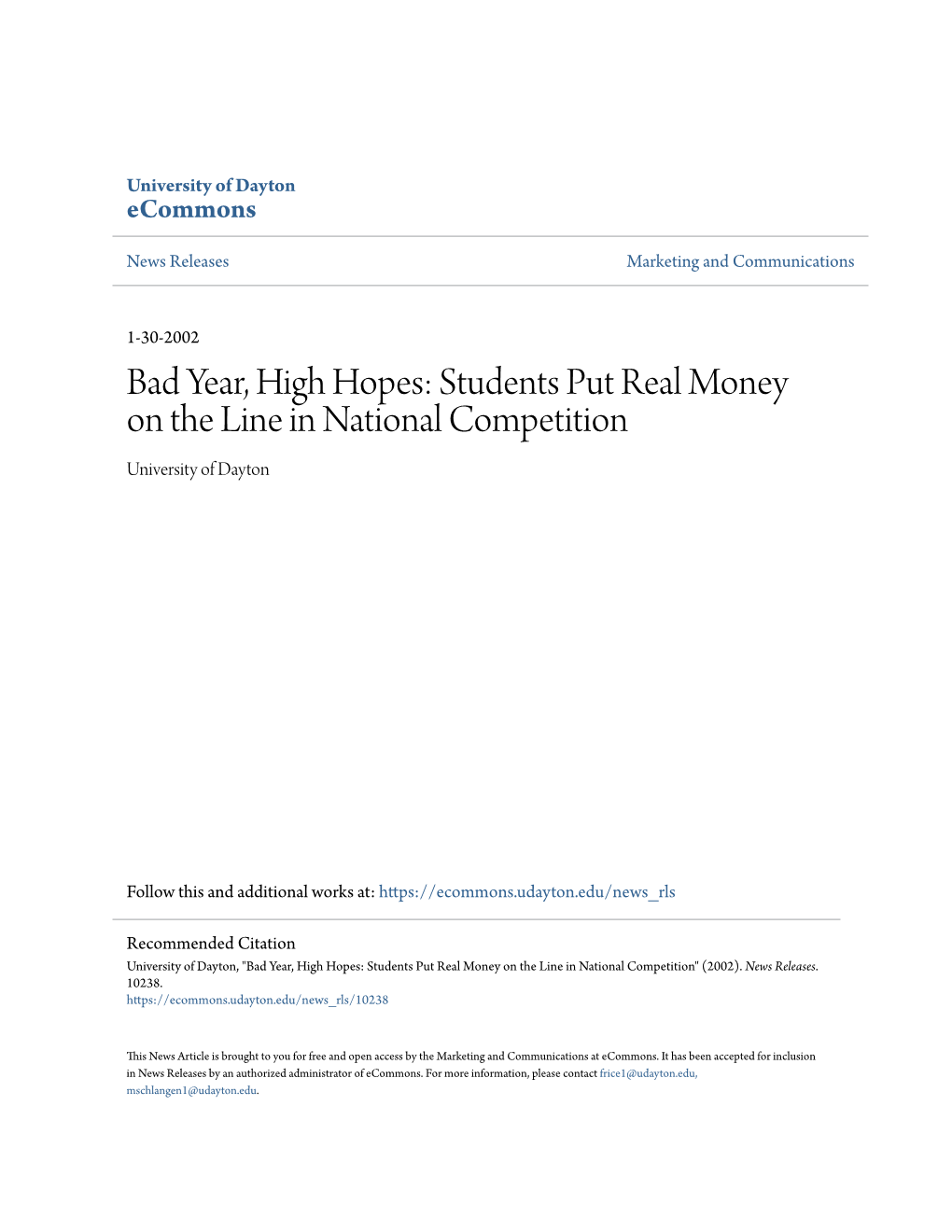 Students Put Real Money on the Line in National Competition University of Dayton