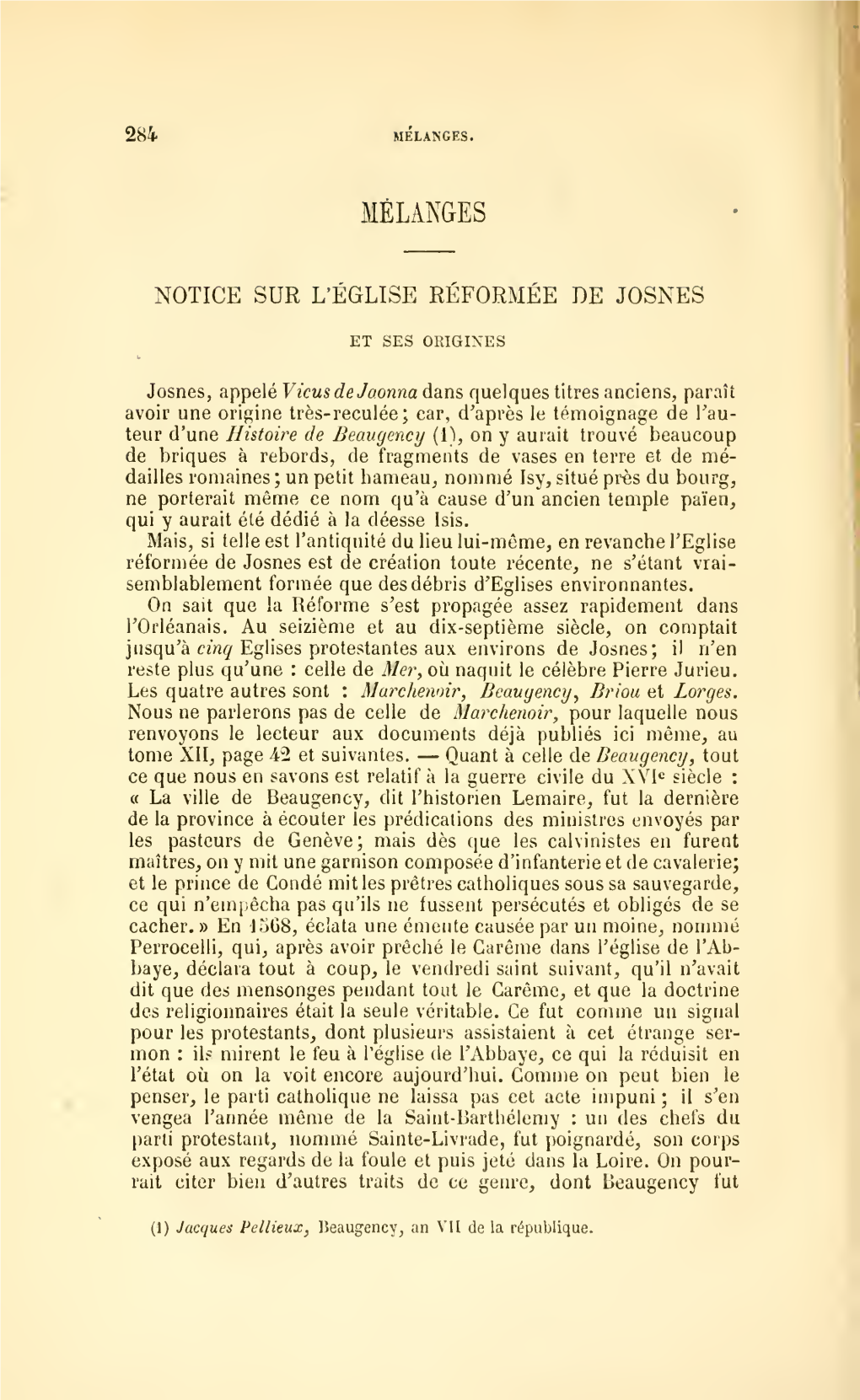 Notice Sur L'eglise Réformée De Josnes Et Ses