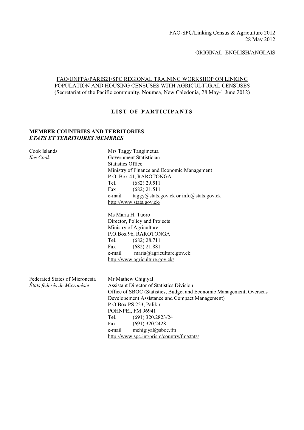 FAO-SPC/Linking Census & Agriculture 2012 28 May 2012