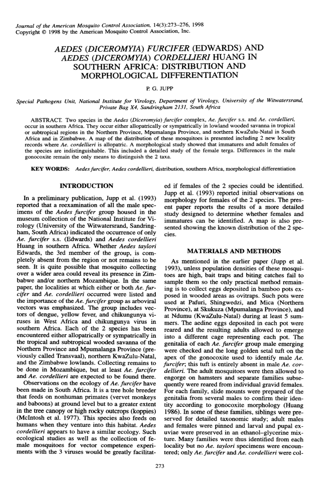 Cordellieri Huang in Southern Africa: Distribution and Morphological Differentiation