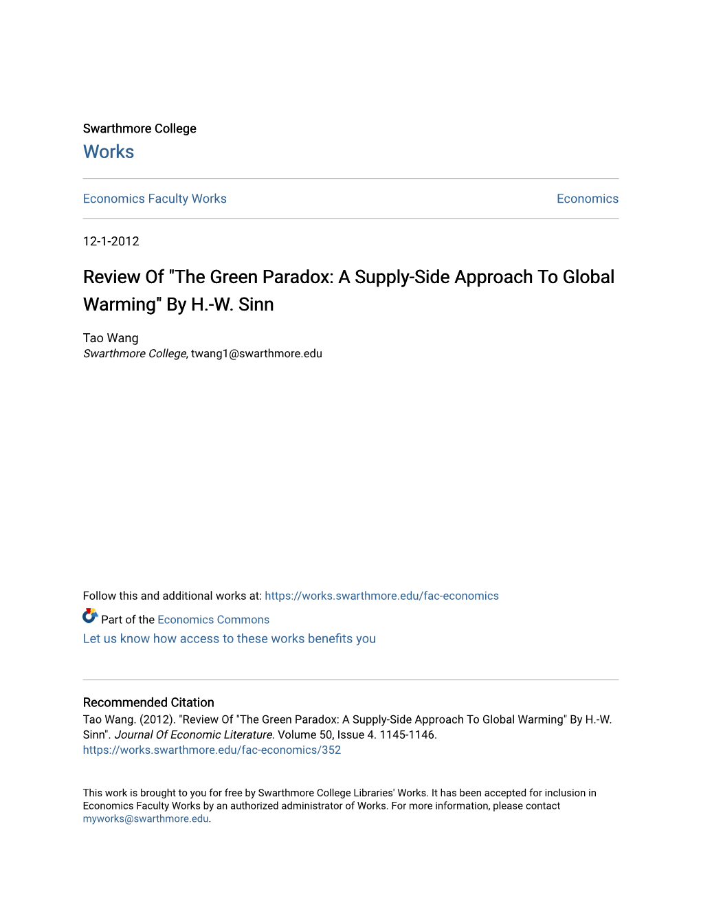 Review Of" the Green Paradox: a Supply-Side Approach to Global