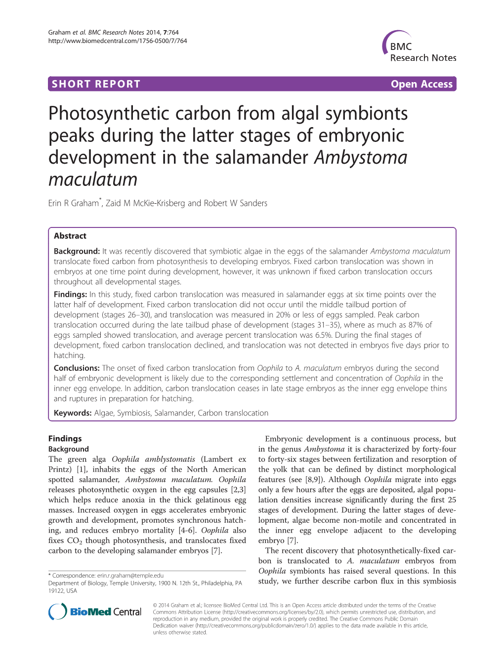 Photosynthetic Carbon from Algal Symbionts Peaks During the Latter Stages of Embryonic Development in the Salamander Ambystoma Maculatum