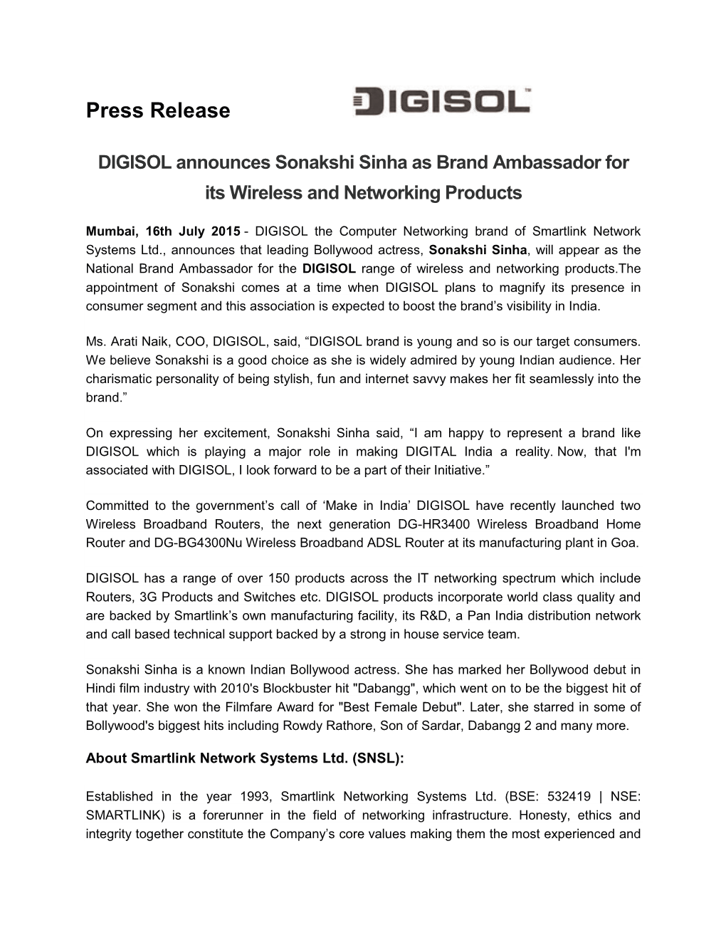 Press Release DIGISOL Announces Sonakshi Sinha As Brand