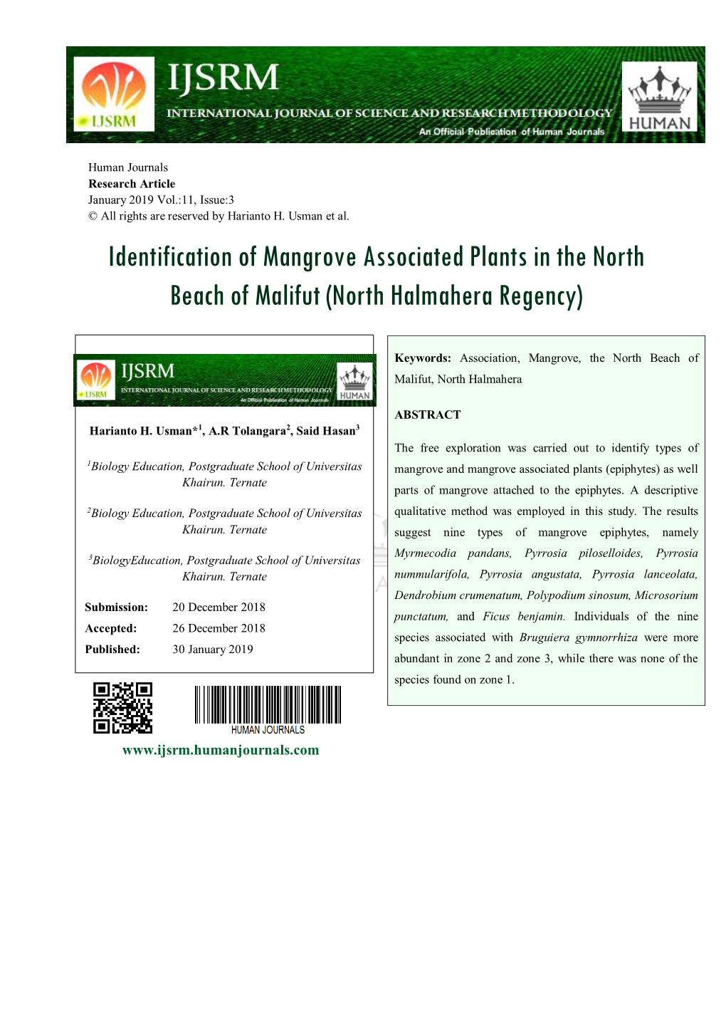 Identification of Mangrove Associated Plants in the North Beach of Malifut (North Halmahera Regency)