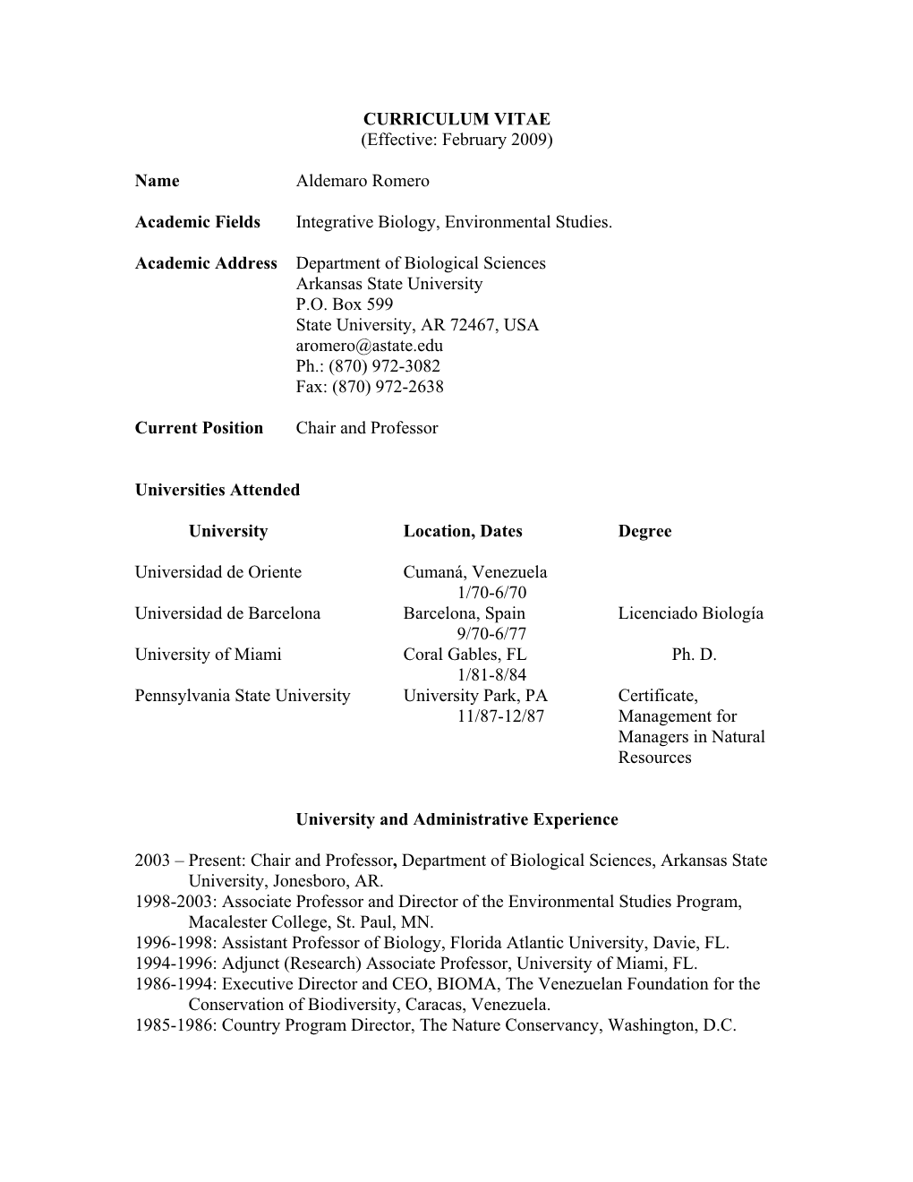 CURRICULUM VITAE (Effective: February 2009)