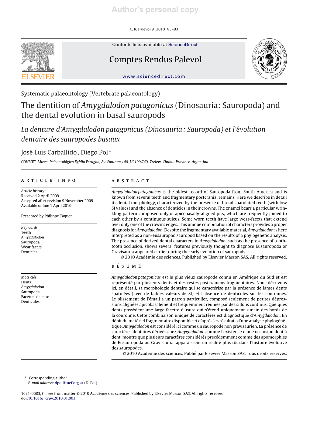 Author's Personal Copy Comptes Rendus Palevol the Dentition Of