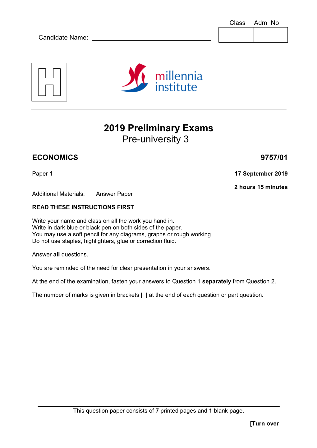2019 Preliminary Exams Pre-University 3