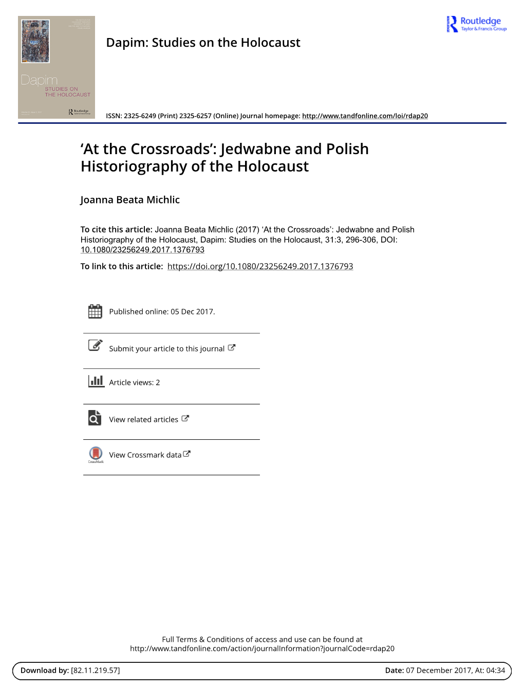 'At the Crossroads': Jedwabne and Polish Historiography of the Holocaust