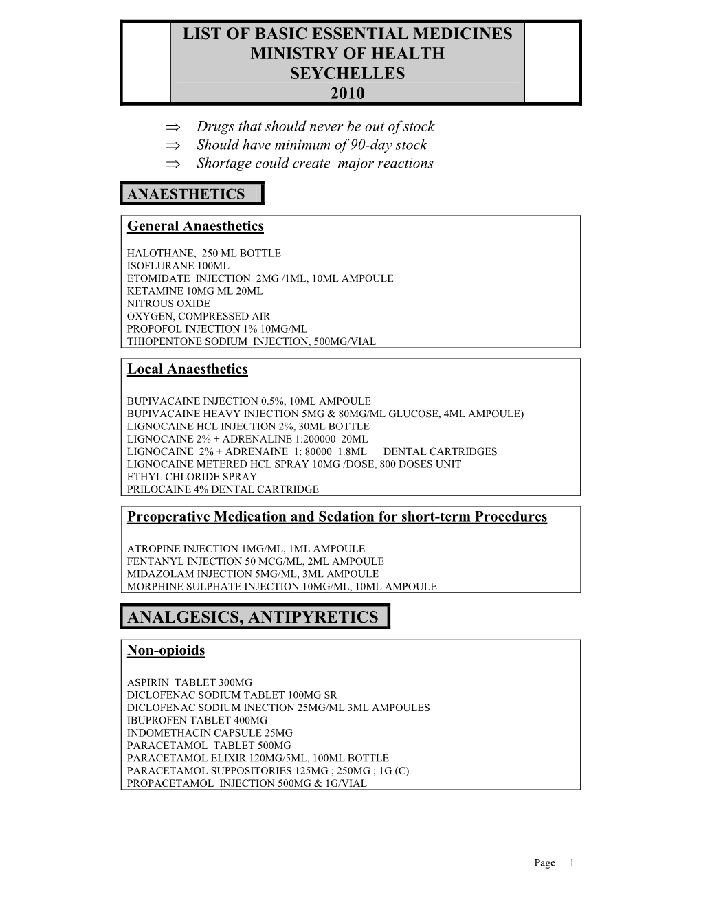 List of Basic Essential Medicines Ministry of Health Seychelles 2010