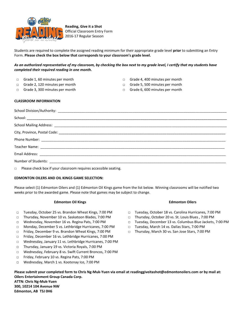 Reading, Give It a Shot Official Classroom Entry Form 2016-17 Regular Season