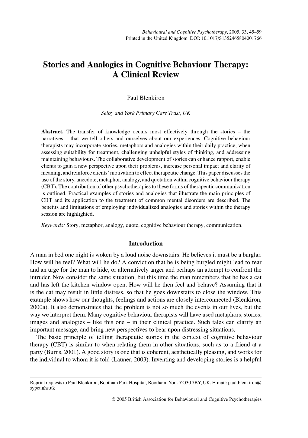 Stories and Analogies in Cognitive Behaviour Therapy: a Clinical Review