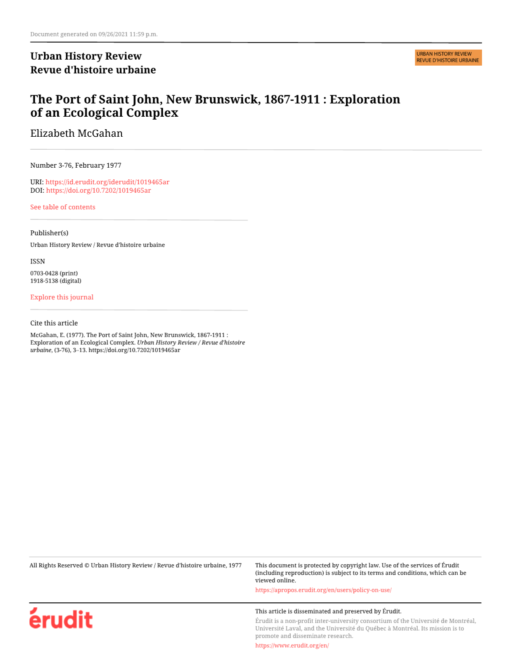 The Port of Saint John, New Brunswick, 1867-1911 : Exploration of an Ecological Complex Elizabeth Mcgahan