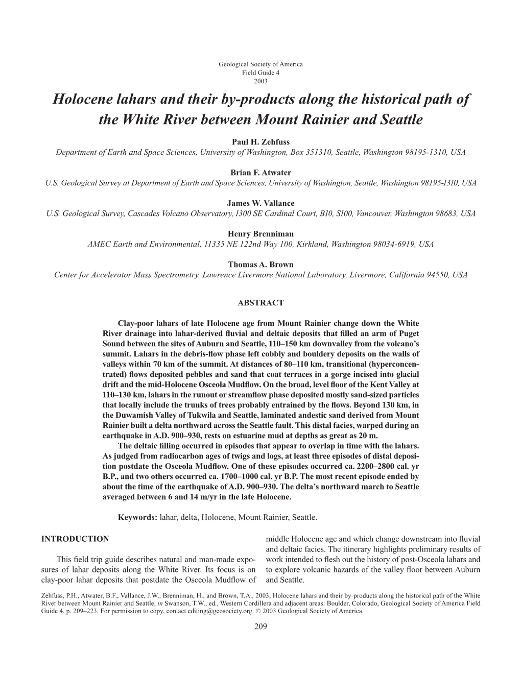 Holocene Lahars and Their By-Products Along the Historical Path of the White River Between Mount Rainier and Seattle