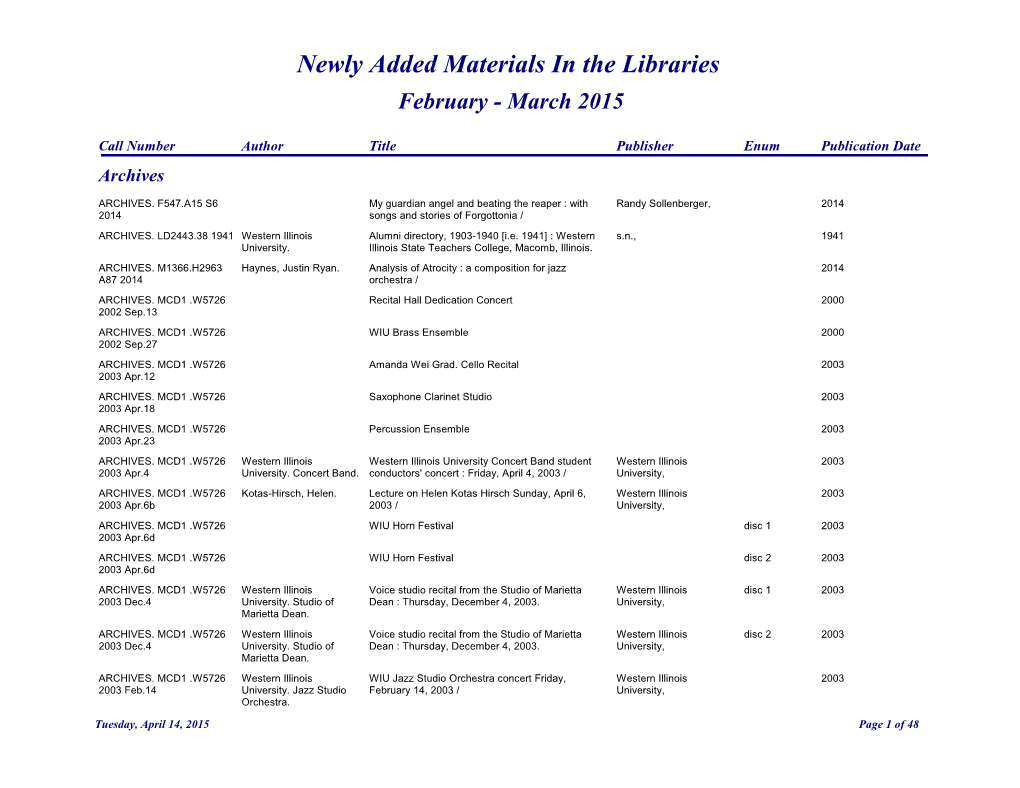 Newly Added Materials in the Libraries February - March 2015