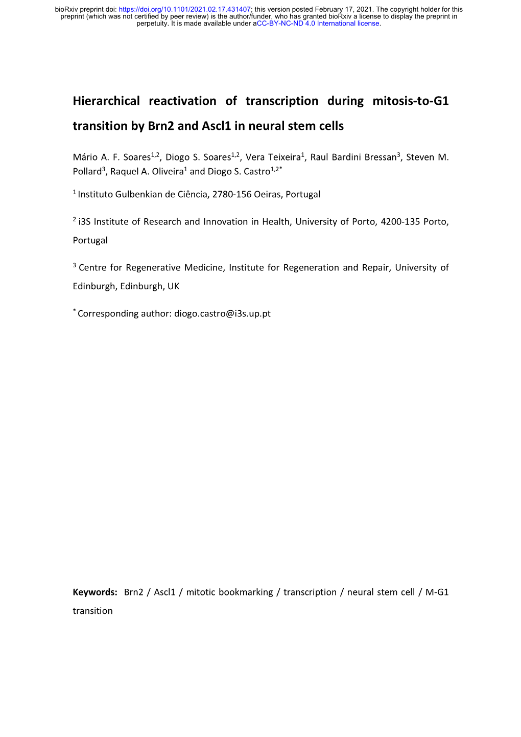 Hierarchical Reactivation of Transcription During Mitosis-To-G1 Transition by Brn2 and Ascl1 in Neural Stem Cells