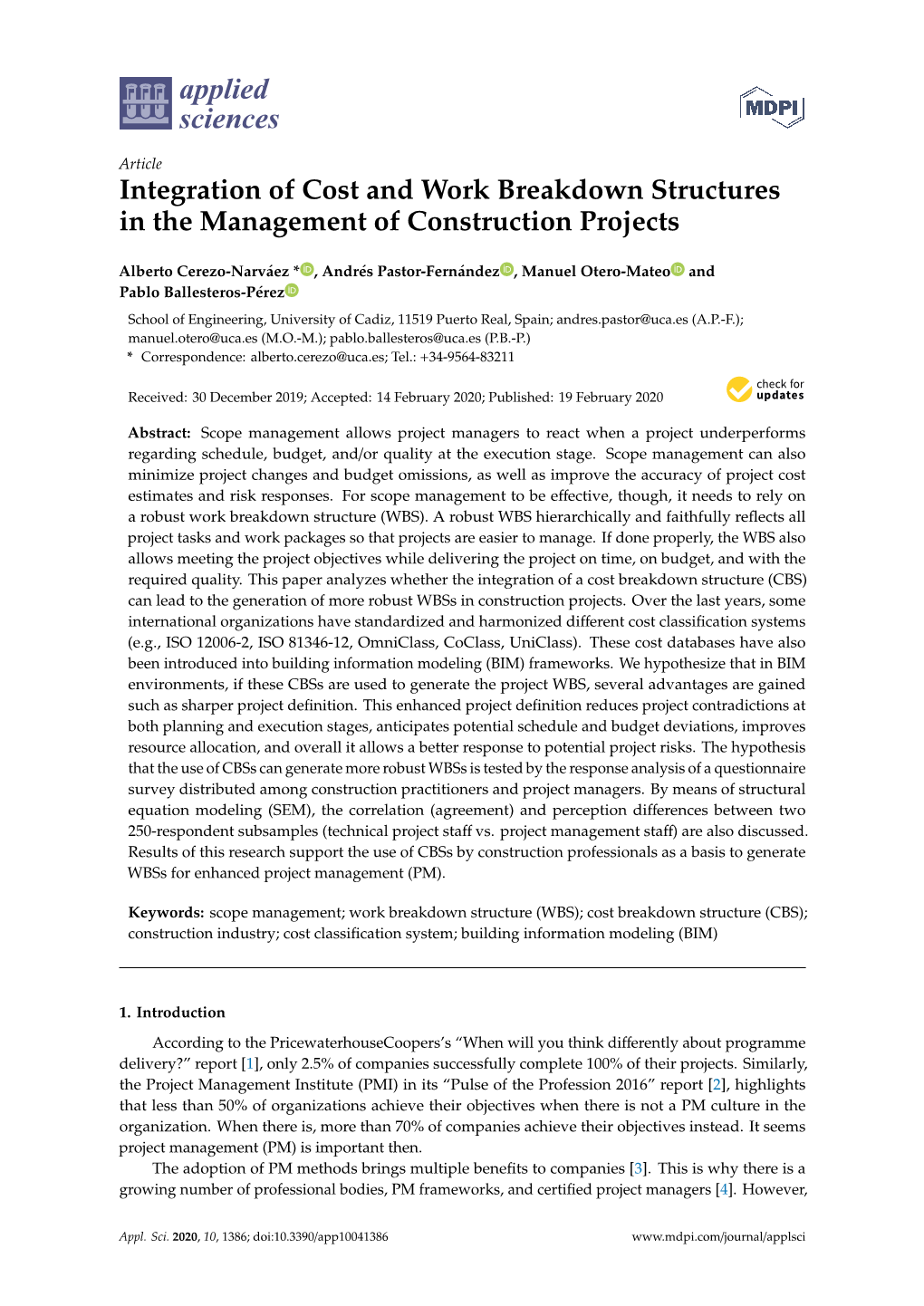 Integration of Cost and Work Breakdown Structures in the Management of Construction Projects