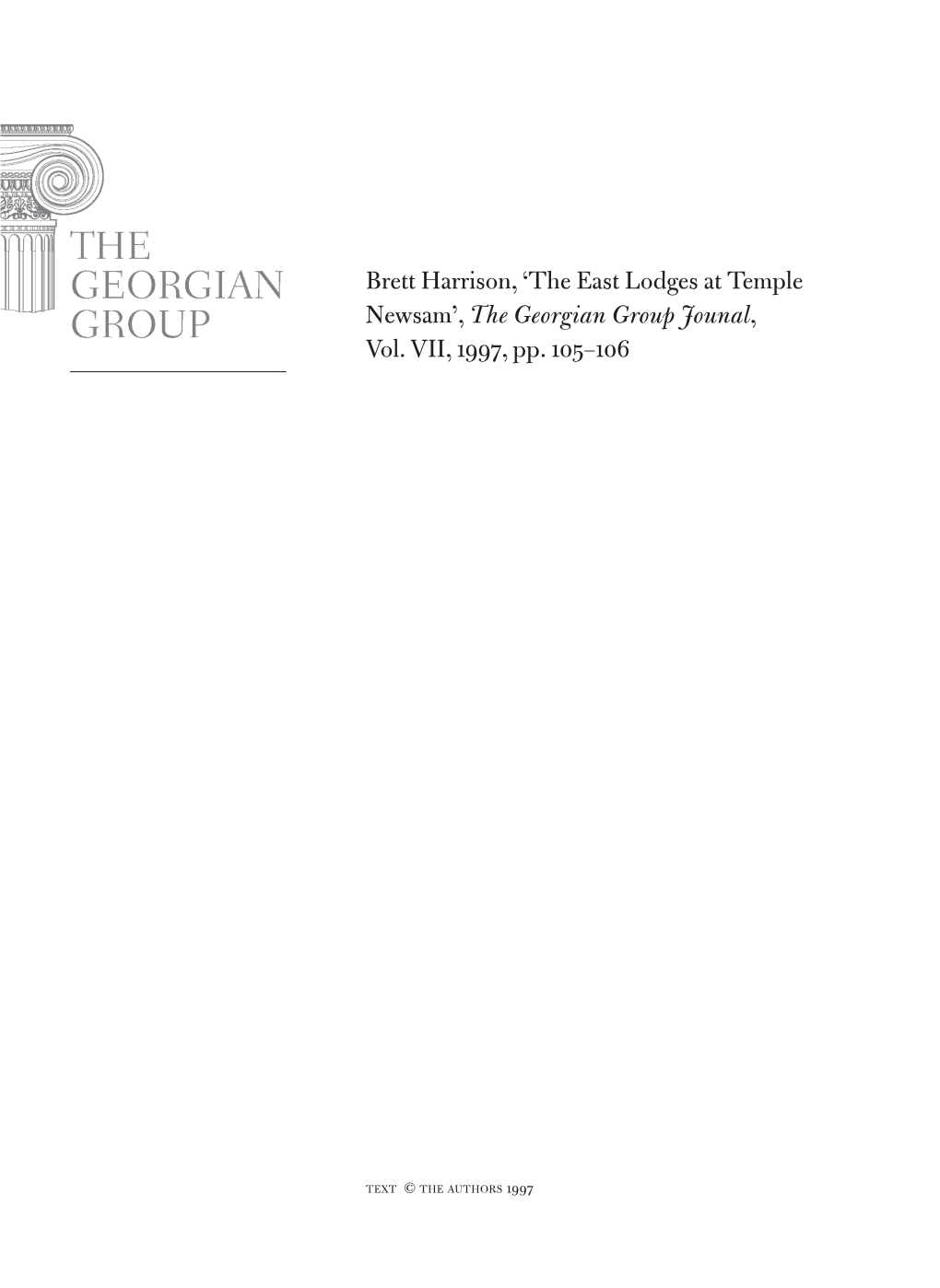 Brett Harrison, 'The East Lodges at Temple Newsam', the Georgian Group Jounal, Vol. VII, 1997, Pp. 105–106