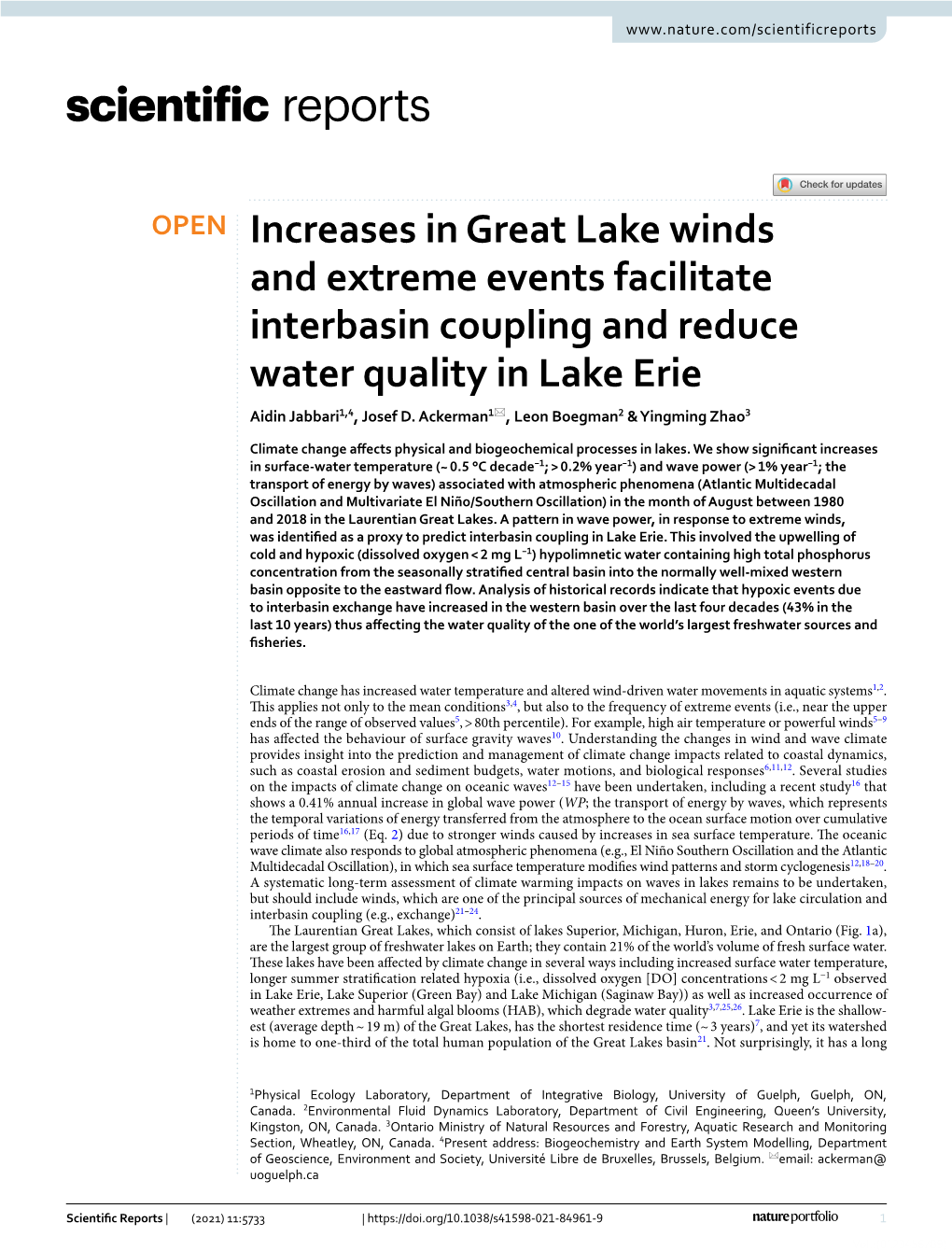 Increases in Great Lake Winds and Extreme Events Facilitate Interbasin Coupling and Reduce Water Quality in Lake Erie Aidin Jabbari1,4, Josef D