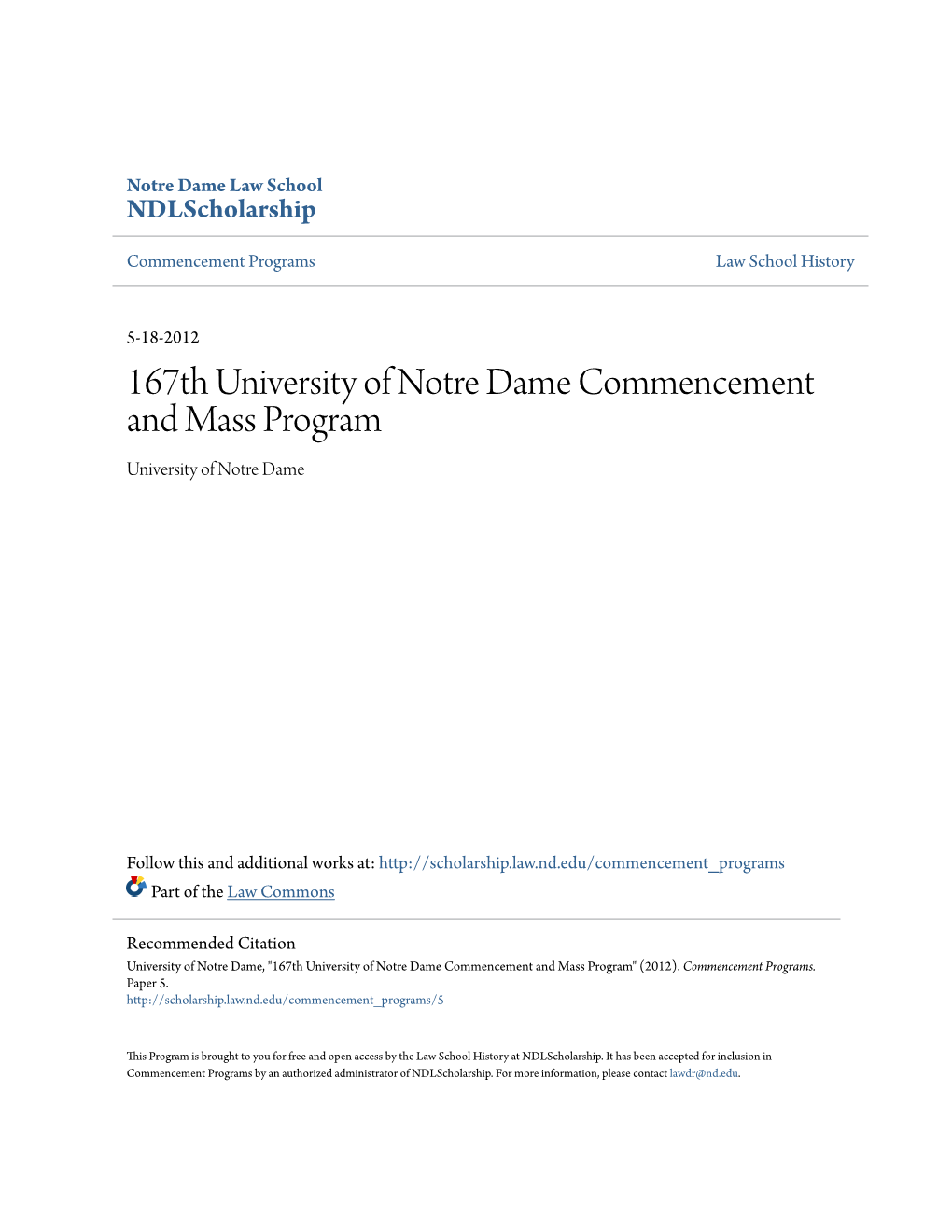 167Th University of Notre Dame Commencement and Mass Program University of Notre Dame