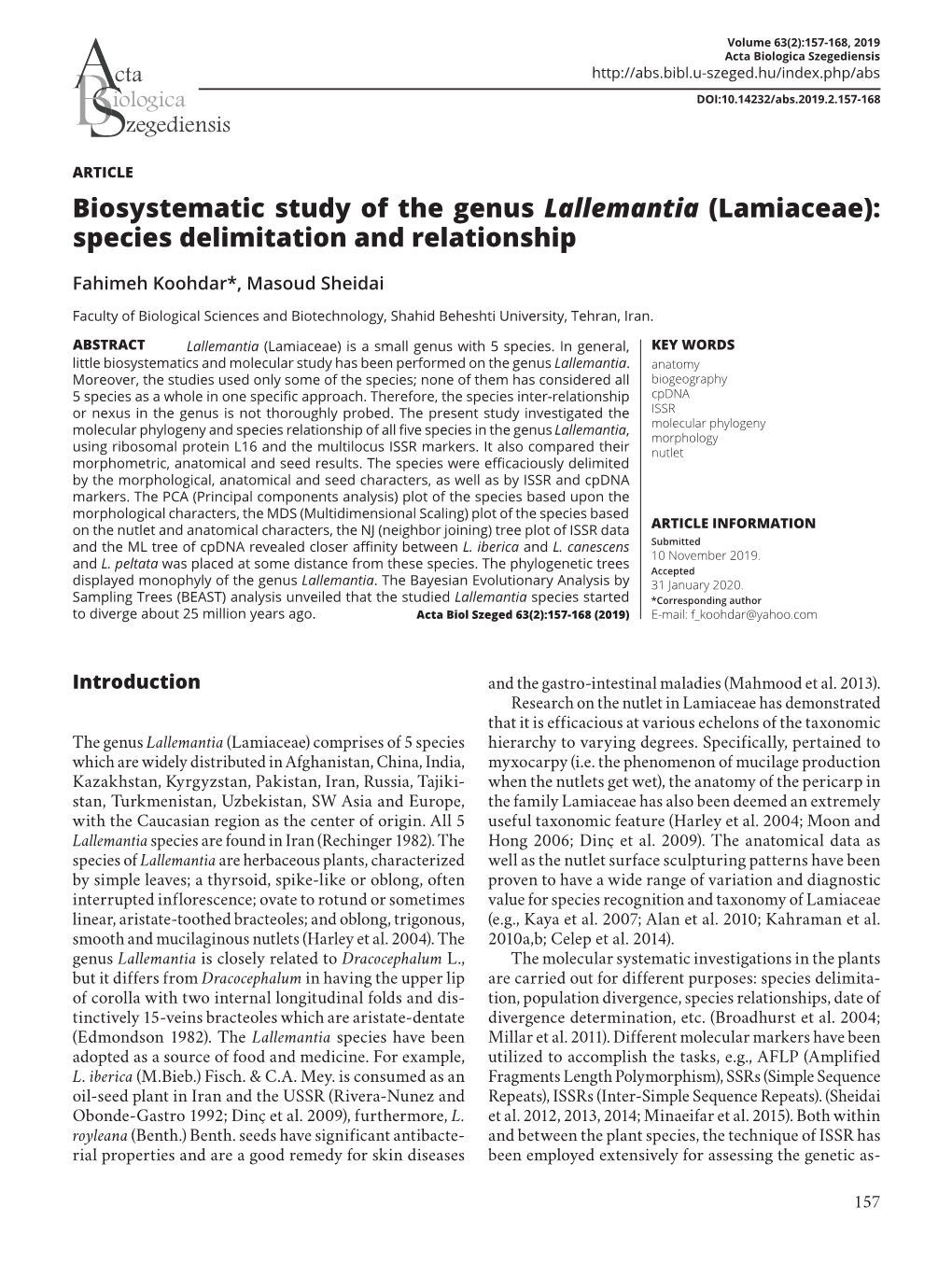 Biosystematic Study of the Genus Lallemantia (Lamiaceae): Species Delimitation and Relationship